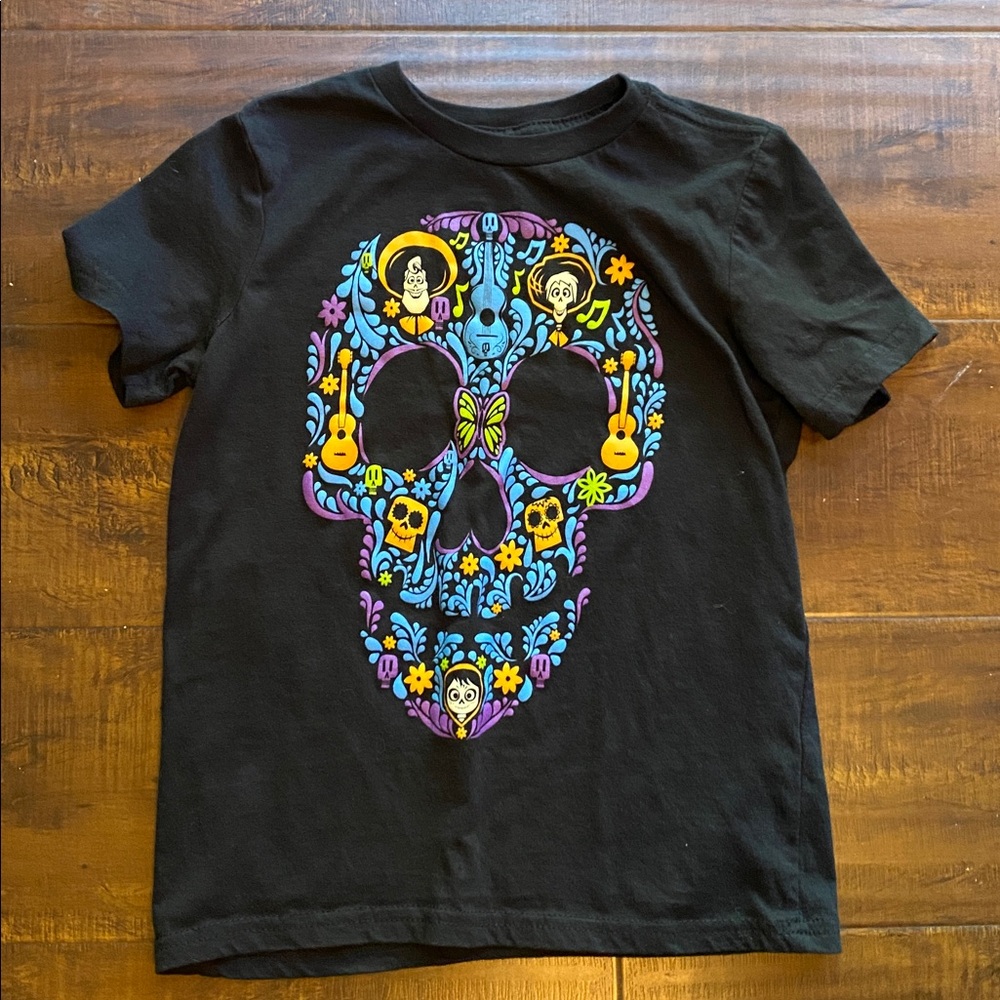 Coco Black T-Shirt with Colorful Skull Design